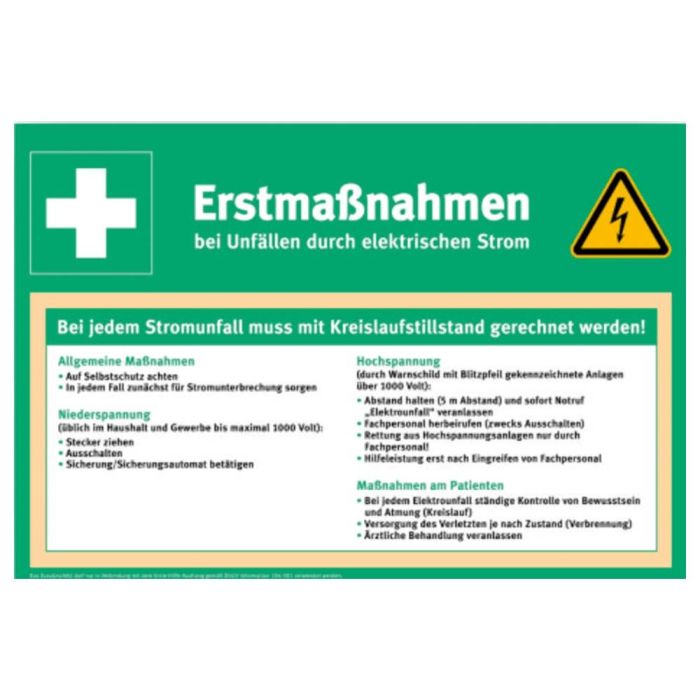 Sicherheitsaushang, Zusatzschild Erstmaßnahmen b. Unfällen m. elektr. Strom, Kunstst., 410x280mm