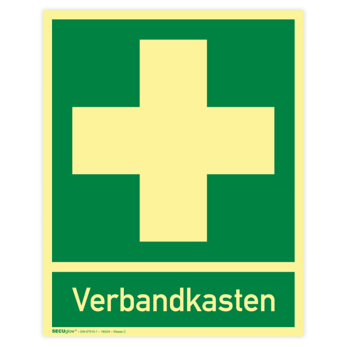 Rettungszeichen Erste Hilfe, Verbandkasten, ISO 7010, SECUglow 185, 200 x 250 mm