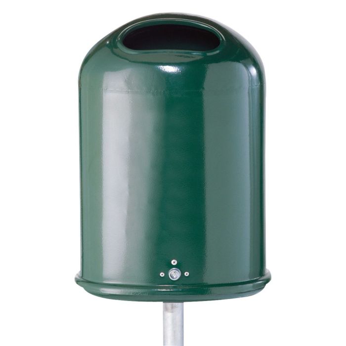 Abfallbehälter oval, 45L, Schiene und Schlüssel, Höhe 600mm, Bodenklappe, Standpfosten, Moosgrün