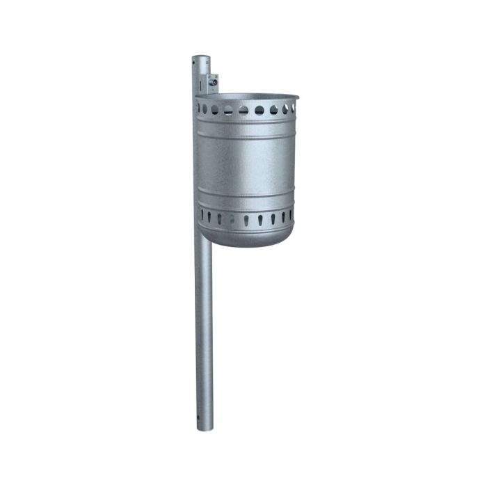 Abfallbehälter rund, Lochkranz, Höhe 450mm, 35L, Ø320mm, Schiene, Schlüssel, Pfosten, verzinkt