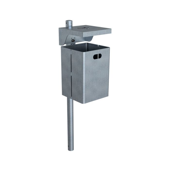 Abfallbehälter eckig, mit Dach und Ascher, Höhe 440 mm, 40L, mit Standpfosten Ø60mm, verzinkt