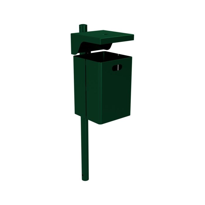 Abfallbehälter eckig, mit Dach und Ascher, Höhe 440 mm, 40L, mit Standpfosten Ø60mm, Moosgrün