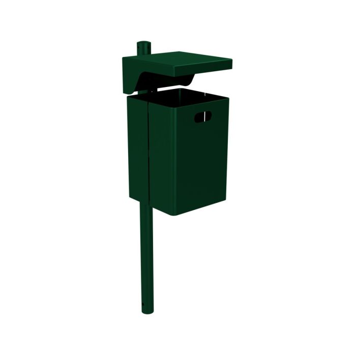 Abfallbehälter eckig, mit Dach, Höhe 440mm, 40L, mit Standpfosten Ø60mm, Moosgrün