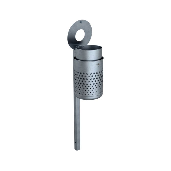 Abfallbehälter 50L, Deckscheibe, Ø360mm, Höhe 500mm, Standpfosten, mit Behälter, verzinkt
