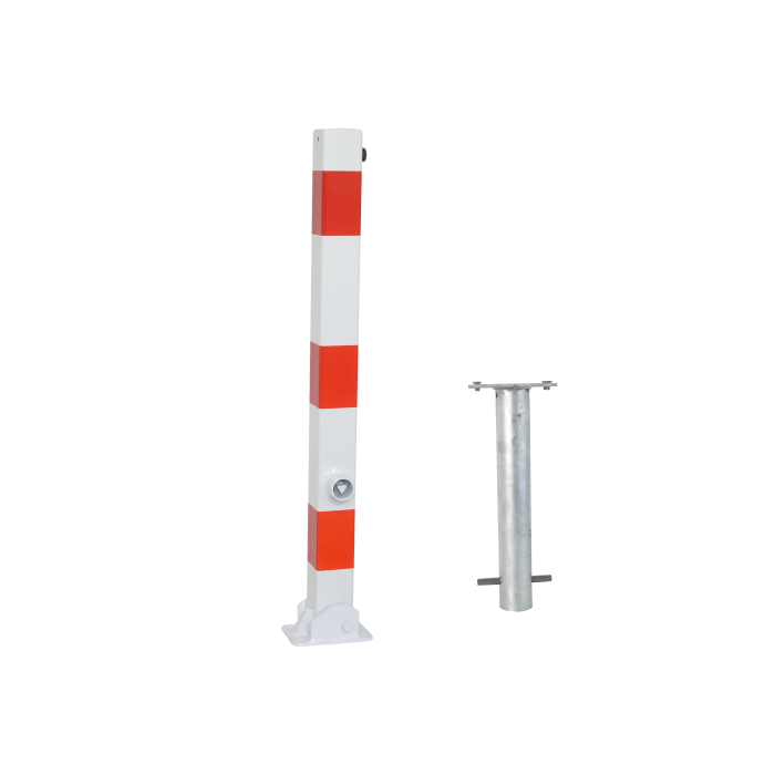 Absperrpfosten umlegbar 70 x 70 mm, zum Einbetonieren, Dreikantverschluss, weiß/rot