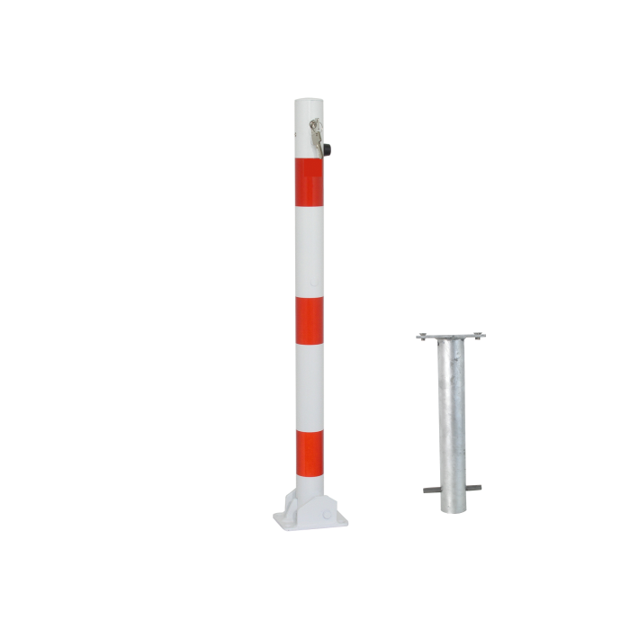 Absperrpfosten umlegbar Ø 60 mm, zum Einbetonieren, Zylinderschloss, weiß/rot