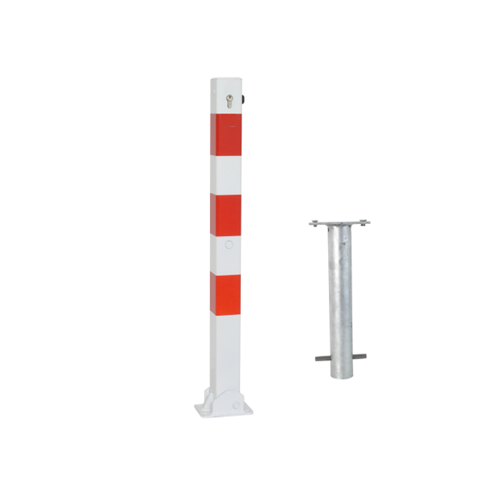 Absperrpfosten umlegbar 70 x 70 mm, zum Einbetonieren, Zylinderschloss, weiß/rot