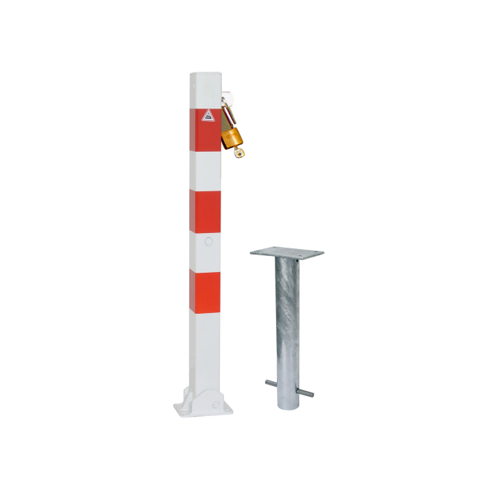 Absperrpfosten umlegbar 70 x 70 mm, zum Einbetonieren, für Vorhangschloss, weiß/rot