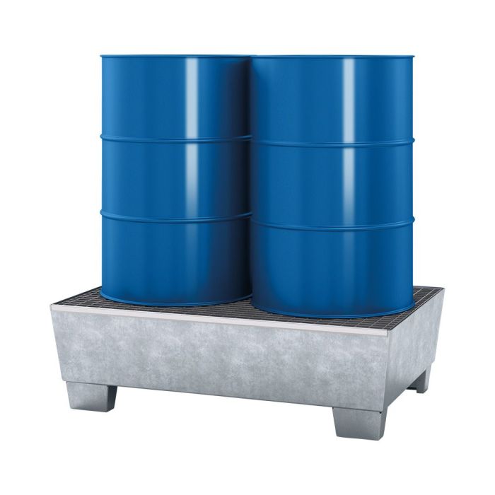 asecos Stahl-Auffangwanne für 2x200-L-Fass, 205l Auffangvolumen, Gitterrost verzinkt, unterfahrbar