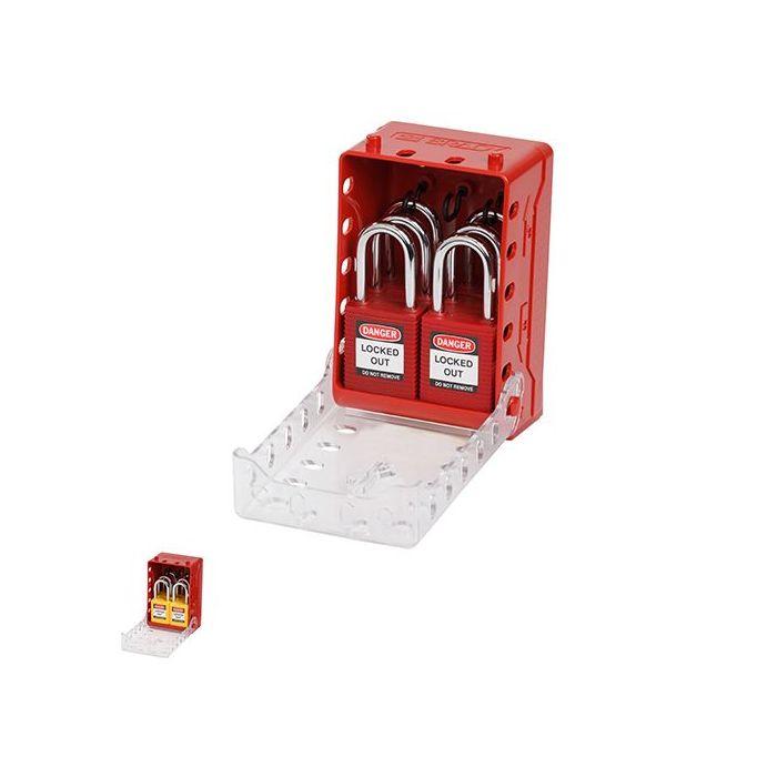 Verschlusskasten mit 6 Vorhängeschlössern, Nylon-Gehäuse, Stahlbügel, versch. Schließungen
