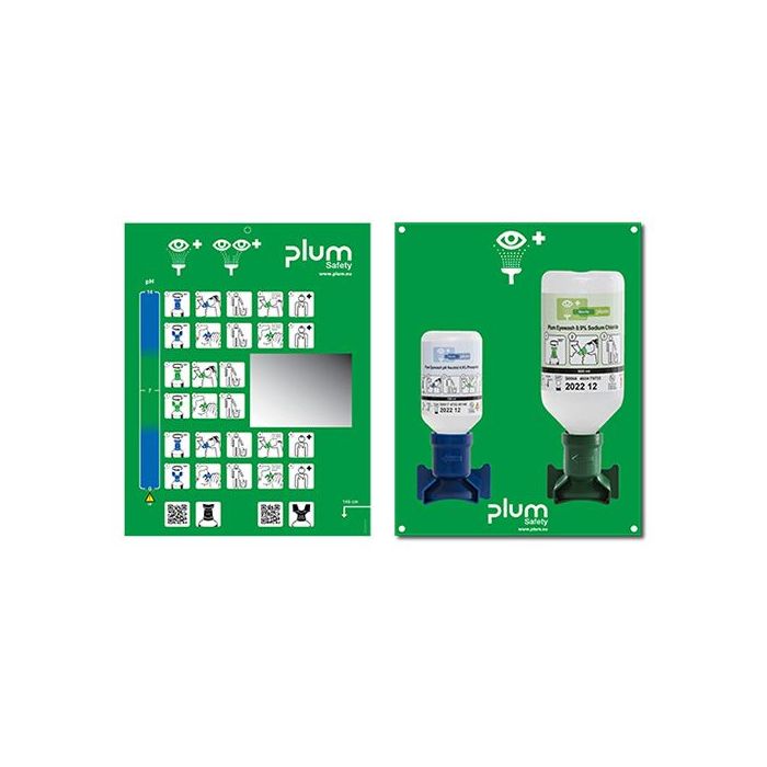 Augen-Notfallstation mit 200 ml pH-neutral und 500 ml Natriumchloridlösung mit Wandhalterung