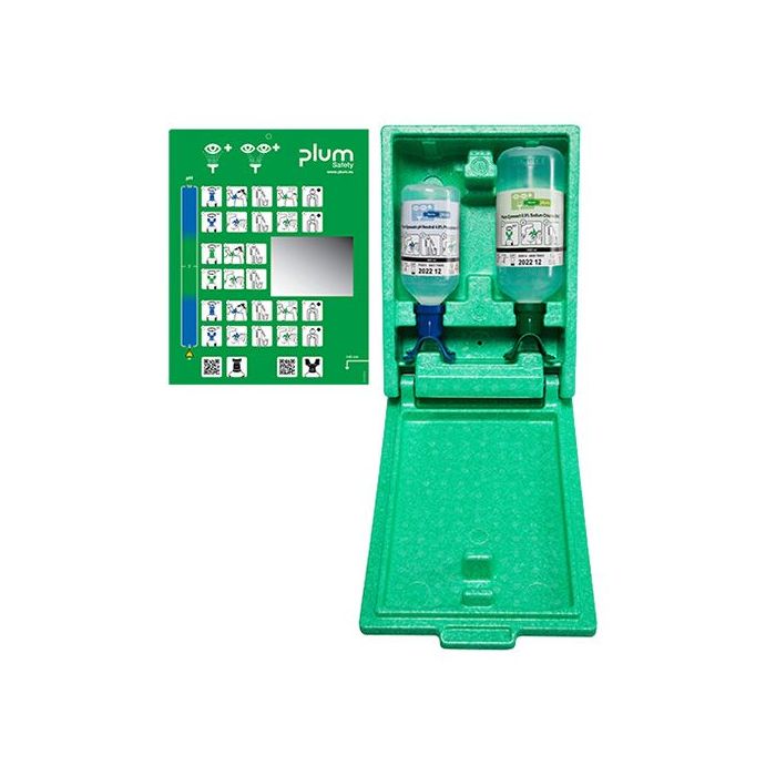 Augen-Notfallstation DUO mit 500 ml pH-neutral und 1000 ml Natriumchlorid in staubdichter Wandbox