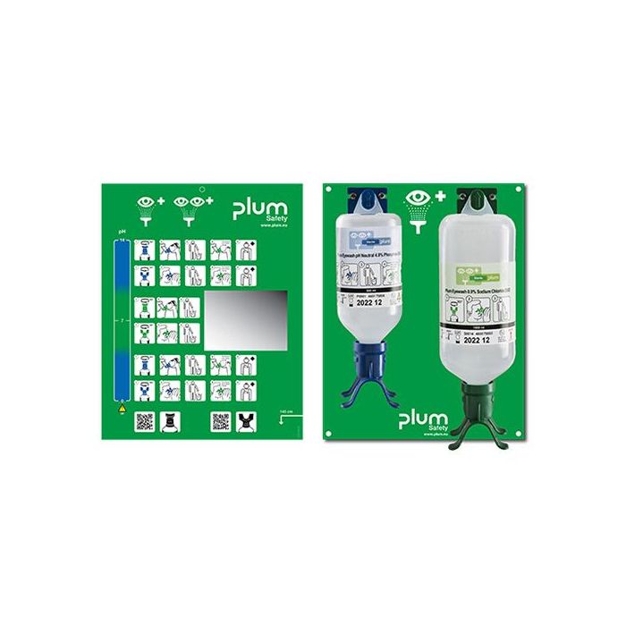 Augen-Notfallstation DUO mit 500 ml pH-neutral und 1000 ml Natriumchloridlösung mit Wandhalterung
