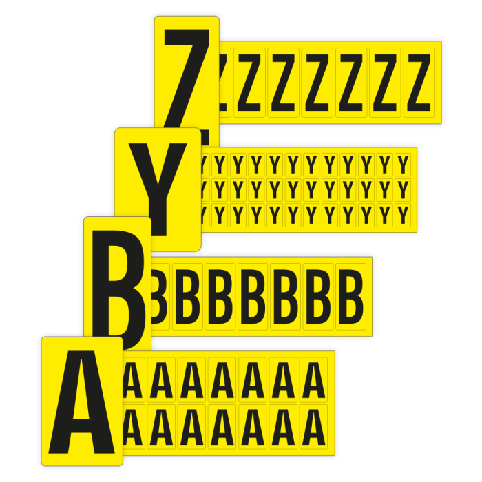 Klebebuchstaben A-Z, gelb/schwarz, diverse Schrifthöhen