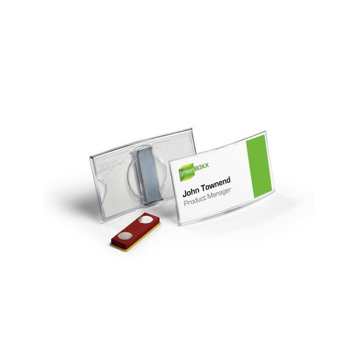 Namensschild gebogen, Kunststoff, transparent, mit Doppelmagnet, 75x40 mm