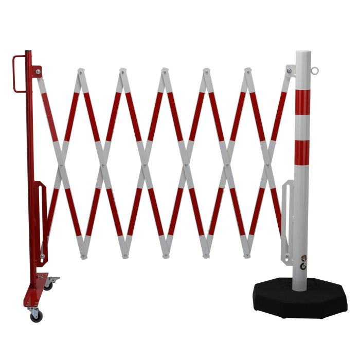 Scherengitter, mobile Fußplatte, Sperrpfosten Ø 60mm, ausziehbar bis 3,6 m, rot/weiß