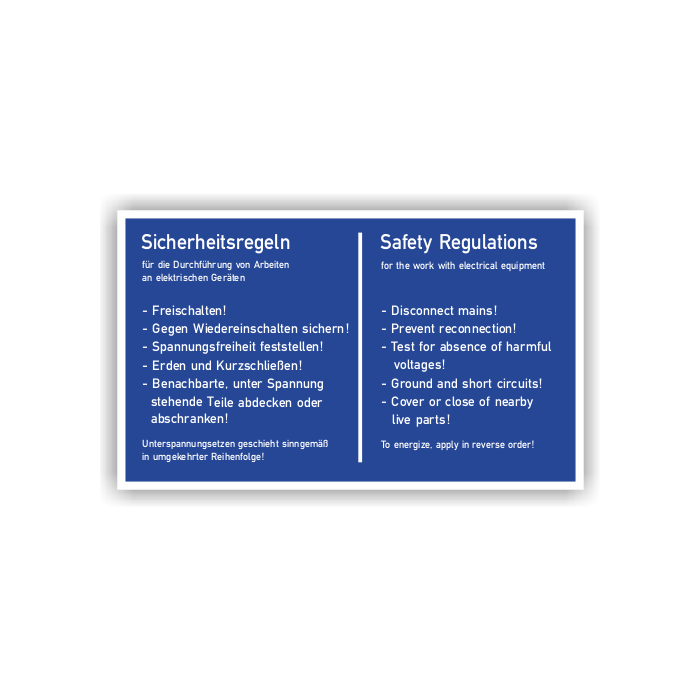 Gebotsschild, 5 Sicherheitsregeln, zweisprachig, Aufkleber, Folie