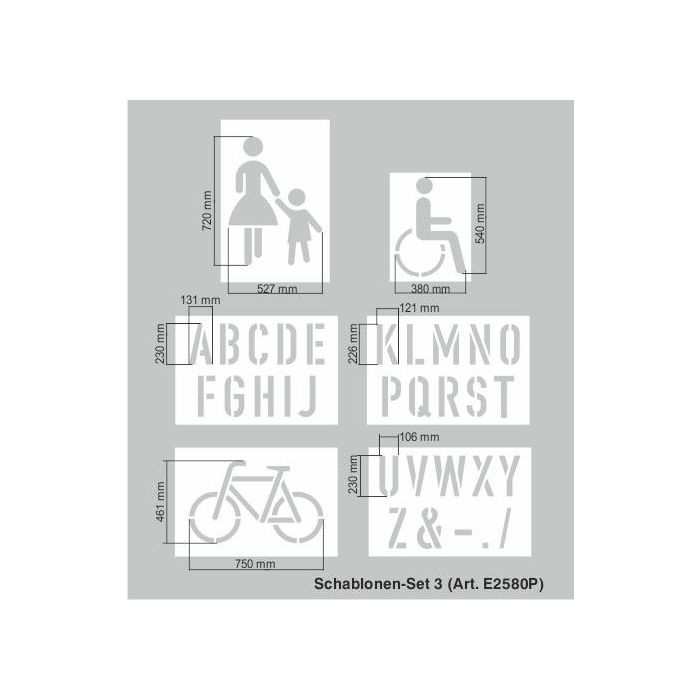Schablonenset Pikto Gehweg, Rollstuhlfahrer, Fahrrad, A-Z, Hart-PVC, 0,5 mm