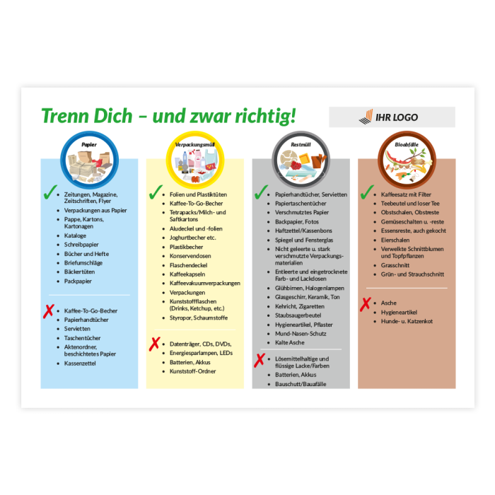 Aushang Mülltrennung , Trenn Dich…, mit Ihrem Logo, Kunststoff, 420 x 297 mm (DIN A3)