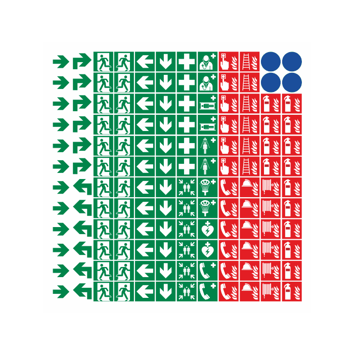Symbole für Flucht- und Rettungspläne, ISO 7010 Aufkleber, Folie, 12 x 12 mm, 144 Stück je Bogen