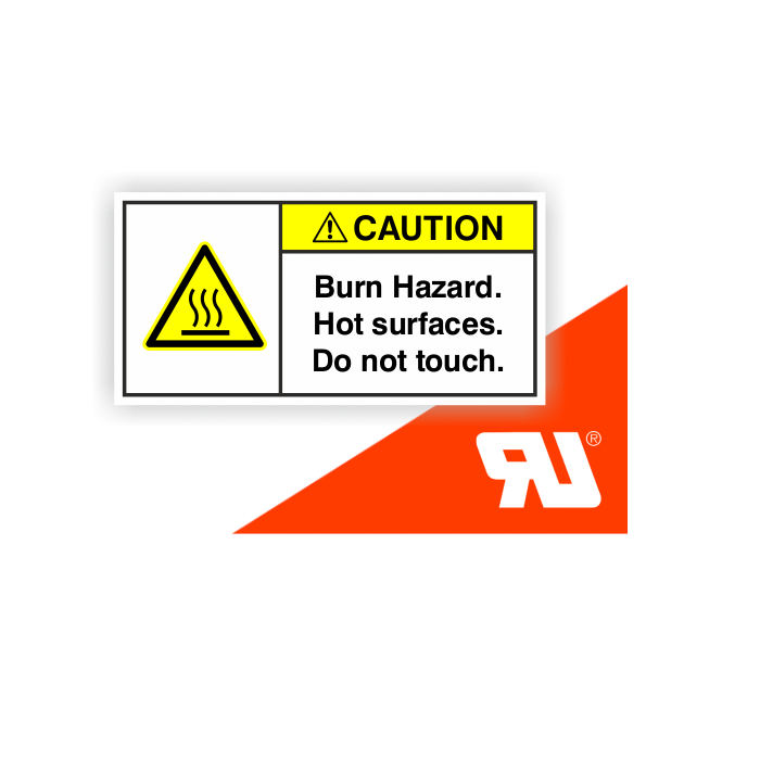 Gerätekennzeichen, Caution - Burn hazard…., UL-zertifiziert, DIN ISO 3864-2, Folie