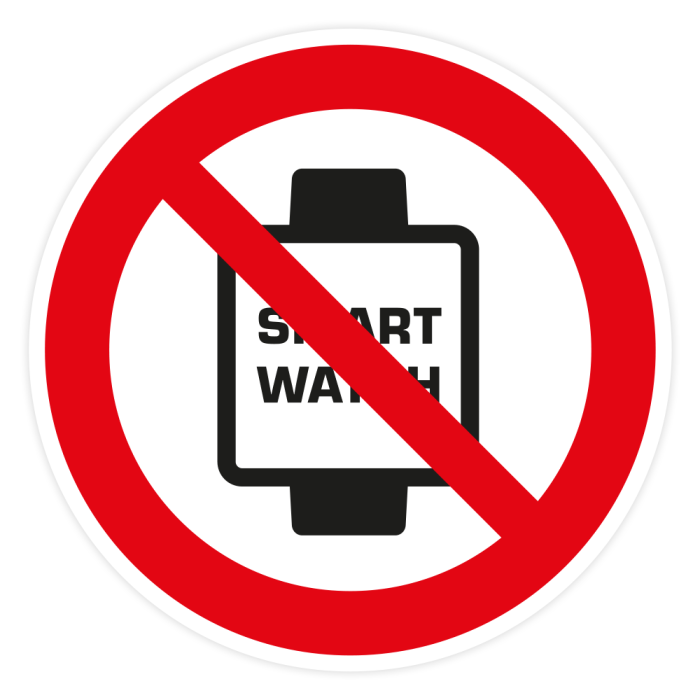 Verbotsschild, Smartwatch verboten praxisbewährt, Aufkleber, Folie, d = 200 mm