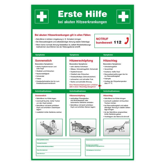 Notfallaushang, Erste Hilfe bei akuten Hitzeerkrankungen, Kunststoff, 400 x 600 mm