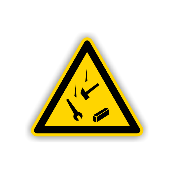 Warnschild, Warnung v. herabfallenden Gegenständen praxisbewährt, Aufkleber, Folie, SL = 200 mm