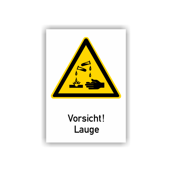 Warnschild, Vorsicht! Lauge, BGV A8, Aufkleber, Folie, 185 x 131 mm