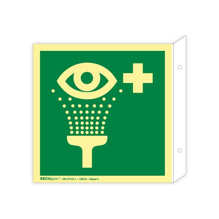 Fahnenschild, Augenspüleinrichtung, ISO 7010, SECUglow 185, Kunststoff, 200 x 200 mm