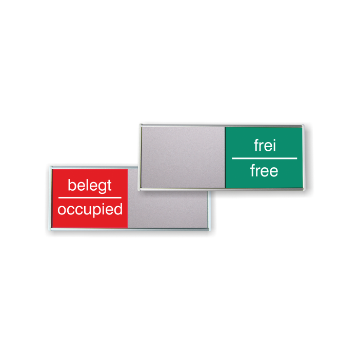 Infoschild mit Schiebeanzeige deutsch/englisch FREI/BELEGT, Aluminium, silber eloxiert, 150x62 mm