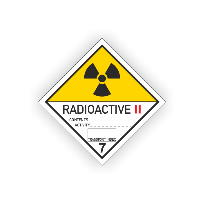 Gefahrz. Kl. 7B, Radioaktive Stoffe Kategorie II, Gefahrgutetiketten, verschiedene Varianten
