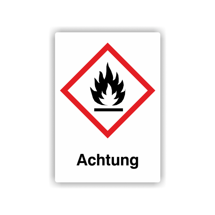 Gefahrensymbol GHS02 Flamme, Signalwort  Achtung, Folie, verschiedene Ausführungen