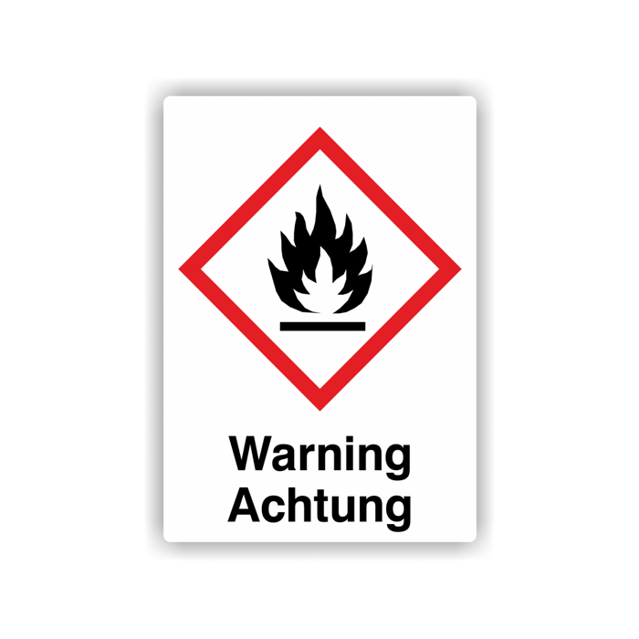 Gefahrensymbol GHS02 Flamme, Signalwort  Warning/Achtung, Folie, verschiedene Ausführungen