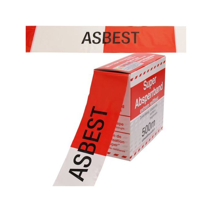 Super Absperrband, rot / weiß geblockt, ASBEST, Polyethylen, 80 mm, 500 m / Rolle