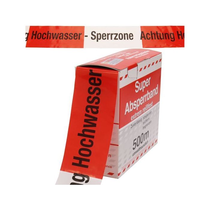 Super Absperrband, rot / weiß geblockt, Hochwasser -Sperrzone, Polyethylen, 80 mm, 500 m / Rolle