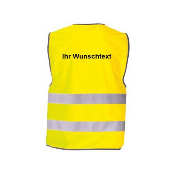 Warnweste mit schwarzem Saum, gelb, mit Wunschaufdruck Rücken, verschiedene Größen