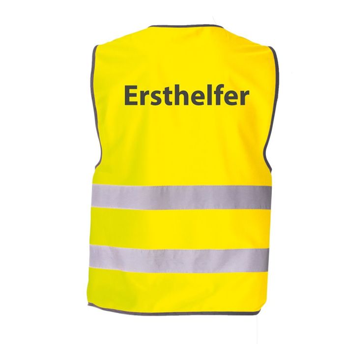 Warnweste mit schwarzem Saum, gelb, mit Aufdruck Ersthelfer, Größe S - 3XL, 100% Polyester