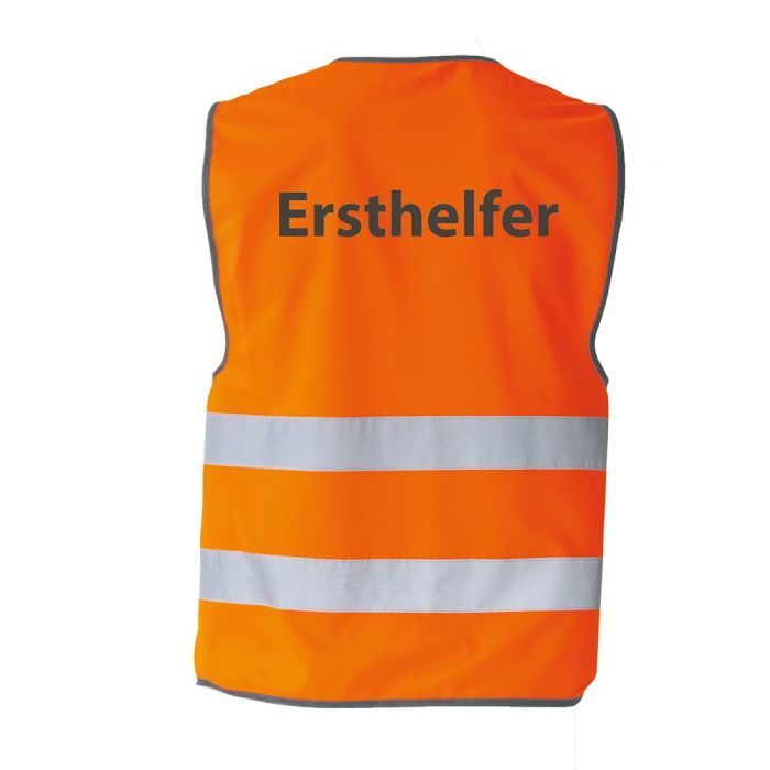 Warnweste mit schwarzem Saum, orange, mit Aufdruck Ersthelfer, Größe S - 3XL, 100% Polyester