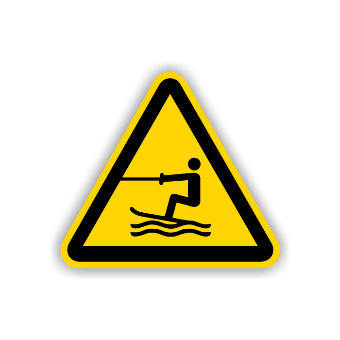 Warnschild, Warnung vor Wasserski-Bereich, DIN 4844-2, ISO 7010, Aluminium, SL = 400 mm
