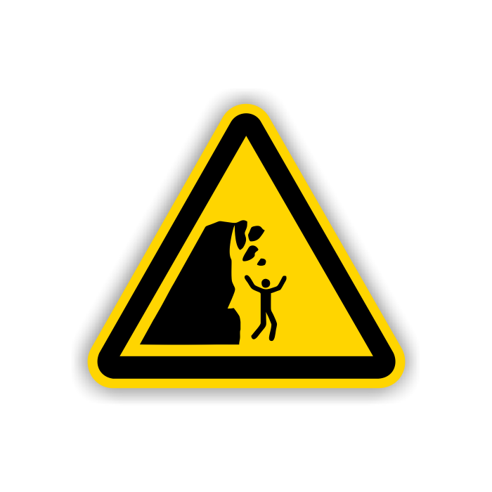 Warnschild, Warnung v. Steinschlag u. inst. Klippe DIN 4844-2, ISO 7010, Aluminium, SL = 400 mm