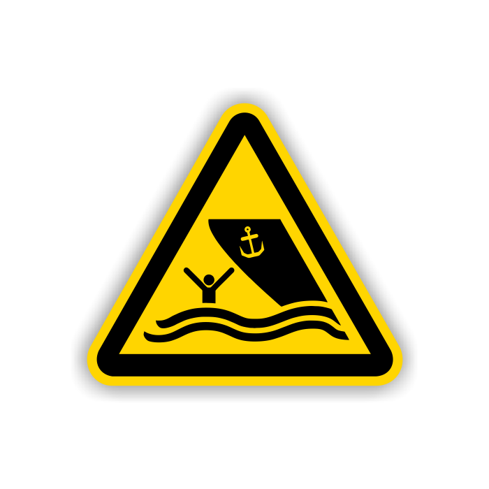 Warnschild, Warnung vor Schiffsverkehr, DIN 4844-2, ISO 7010, Aluminium, SL = 400 mm