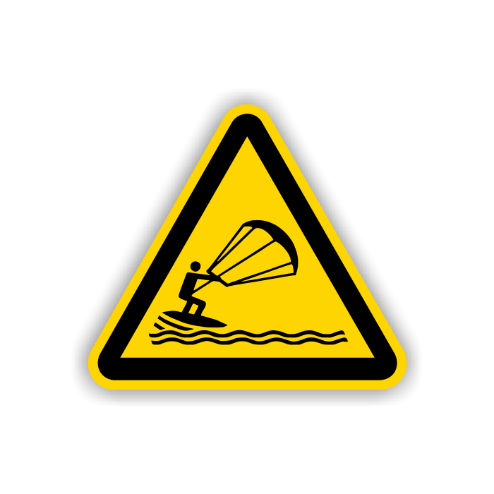 Warnschild, Warnung vor Kitesurfern, DIN 4844-2, ISO 7010, Aluminium, SL = 400 mm