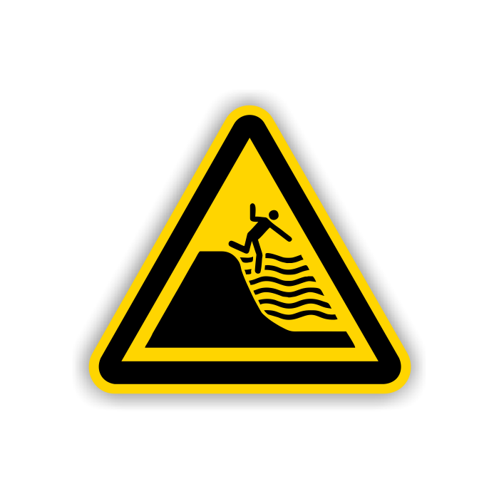 Warnschild, Warnung vor steil abfallendem Strand, DIN 4844-2, ISO 7010, Aluminium, SL = 400 mm