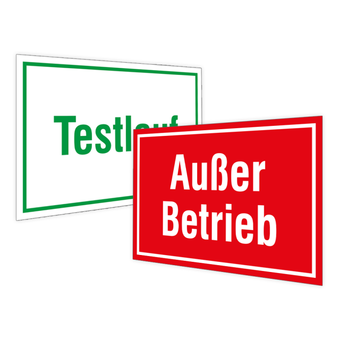 Hinweisschild beidseitig, Testlauf /Außer Betrieb, Magnetfolie, 150 x 100 mm