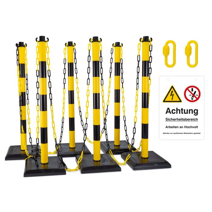 Absperrset Hochvoltarbeiten, 6 Pfosten, Absperrkette, Warnschild,