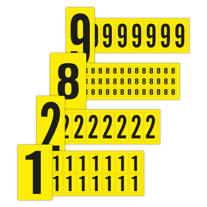 Klebezahlen 0-9, gelb/schwarz, diverse Schrifthöhen