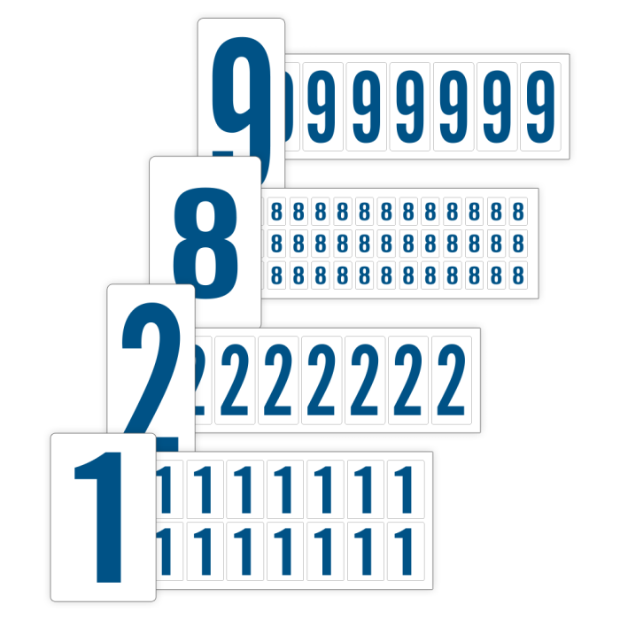 Klebezahlen 0-9, weiß/blau, diverse Schrifthöhen