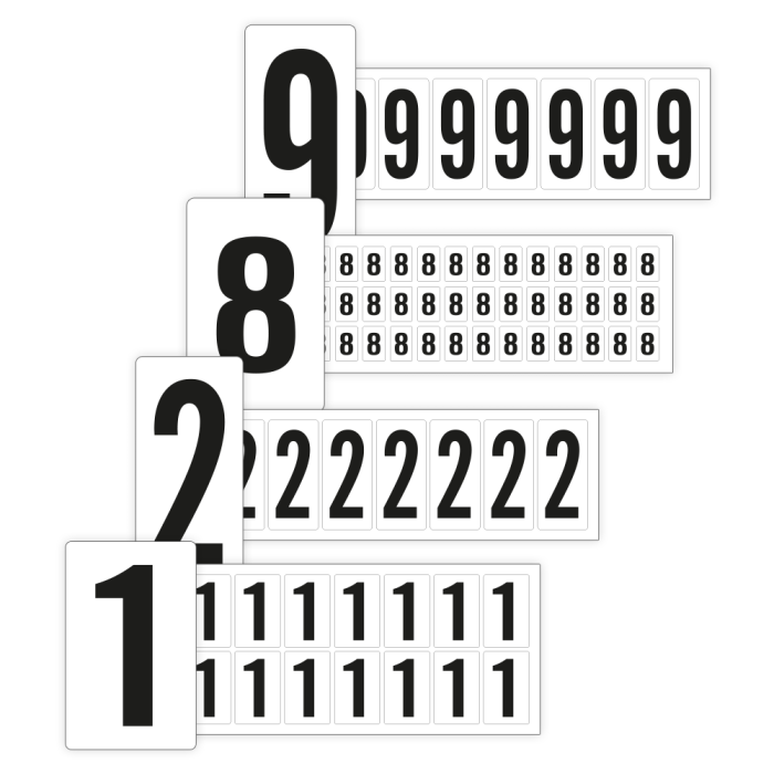 Klebezahlen 0-9, weiß/schwarz, diverse Schrifthöhen