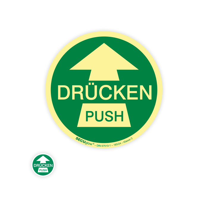 Piktogramm m. Pfeil, DRÜCKEN / PUSH, Aufkleber, Folie, d = 100 mm, grün
